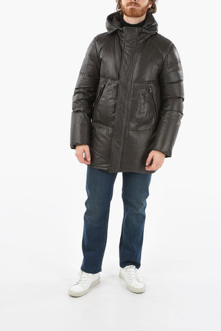 Hiden Closure Leather Down Jacket with Hood
