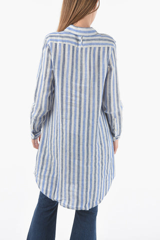 Awning Striped Linen Shirt with Buttons on the Sleeve