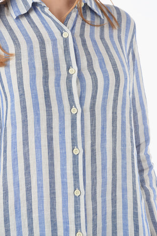 Awning Striped Linen Shirt with Buttons on the Sleeve