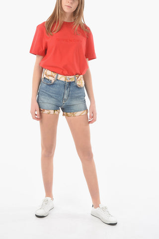 Denim NEW BAROQUE High-waisted Shorts with Satin Print Detailing 