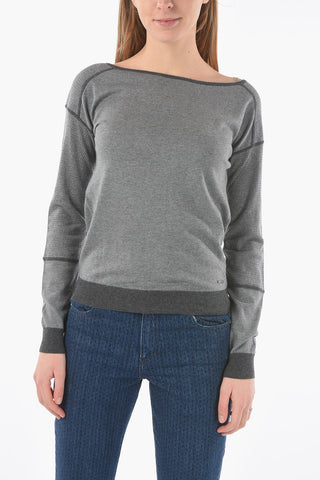 Perforated and Lurex Details LUXURY Crew-Neck Sweater
