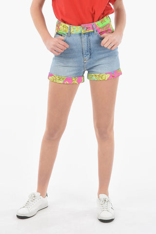Denim NEW BAROQUE High-waisted Shorts with Satin Print Detailing