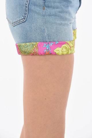 Denim NEW BAROQUE High-waisted Shorts with Satin Print Detailing