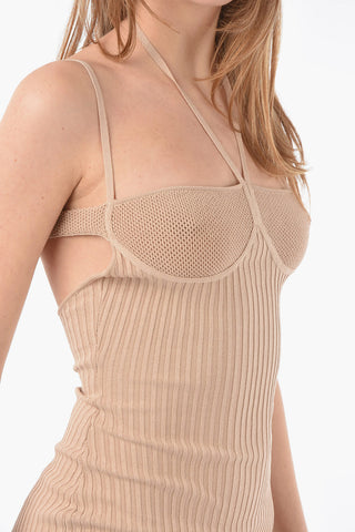 Ribbed Halterneck Bodycon Dress With Fishnet Bra