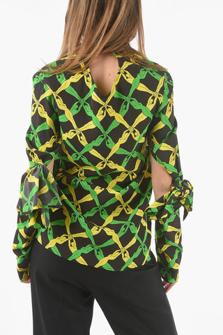 Long Sleeved Printed Tie Neck Dress
