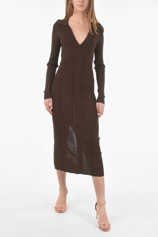 Ribbed Maxi Bodycon Dress with V-Neck