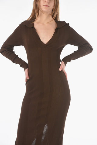 Ribbed Maxi Bodycon Dress with V-Neck