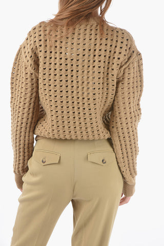 V-Neck Wool Blend Mesh Pullover