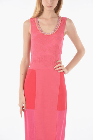 Velour Details Sleeveless Knitted Sheath Dress