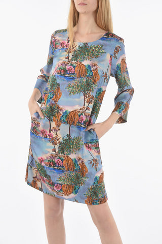 Silk Floral Printed Dress with Split on the Sleeve