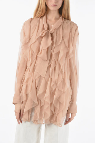 Blusa In Seta Sheer Con Rouches E Colletto A Fiocco