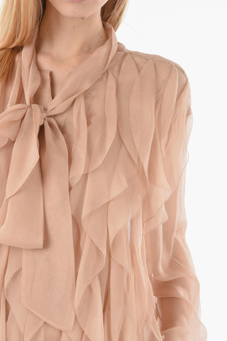 Blusa In Seta Sheer Con Rouches E Colletto A Fiocco