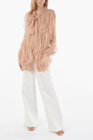 Blusa In Seta Sheer Con Rouches E Colletto A Fiocco