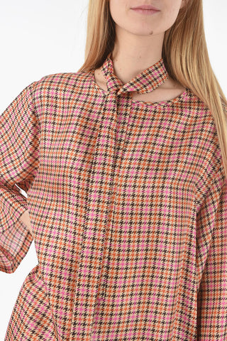 Houndstooth Printed Silk ALEX Tunica Dress with Tie Neck