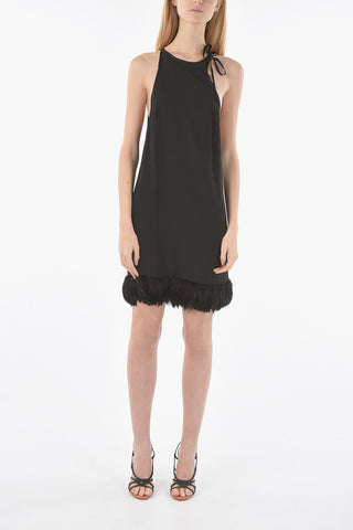 Feathered Bottom Satin Halter Dress