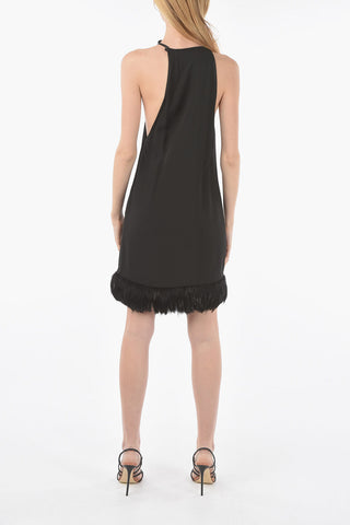Feathered Bottom Satin Halter Dress