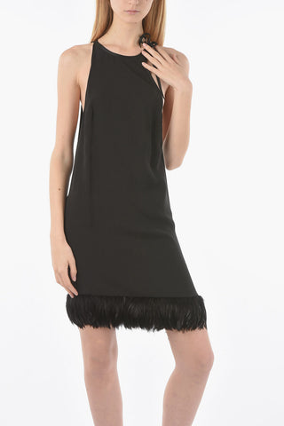 Feathered Bottom Satin Halter Dress