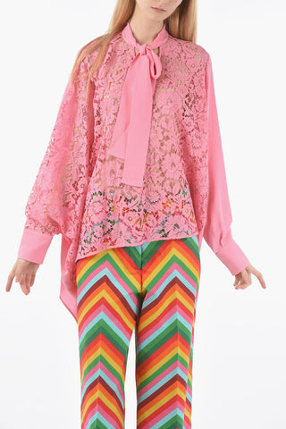 Lace And Silk Asymmetric Blouse With Ribbon Collar