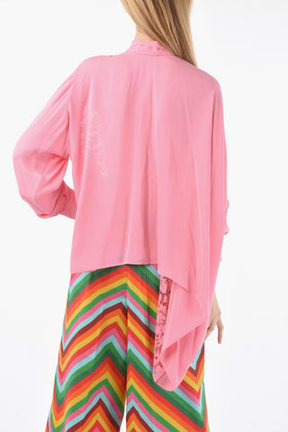 Lace And Silk Asymmetric Blouse With Ribbon Collar