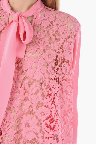 Lace And Silk Asymmetric Blouse With Ribbon Collar