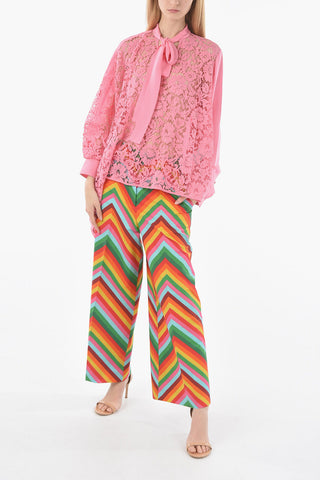 Lace And Silk Asymmetric Blouse With Ribbon Collar