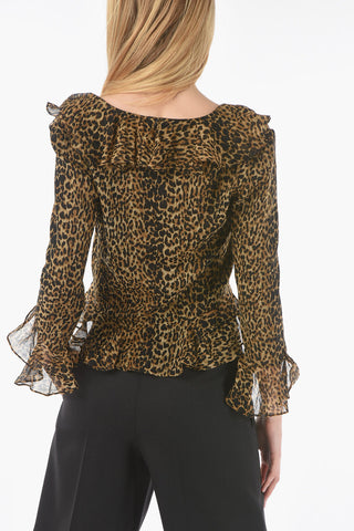 Ruched Leopard Patterned Cropped Fit Shirt