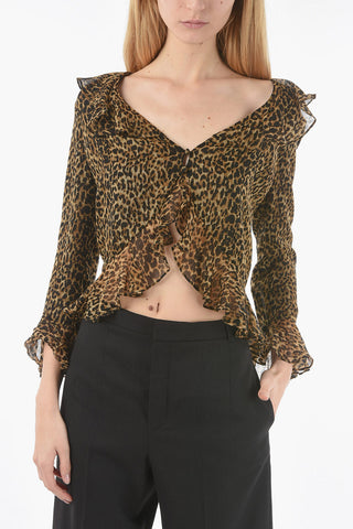 Ruched Leopard Patterned Cropped Fit Shirt