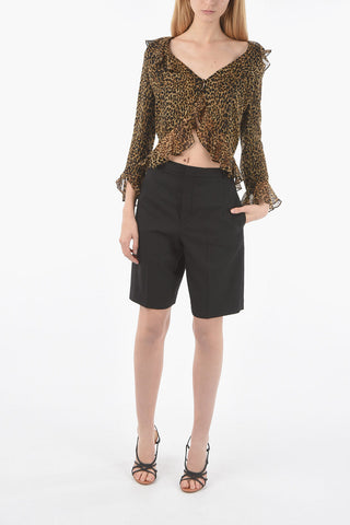 Ruched Leopard Patterned Cropped Fit Shirt
