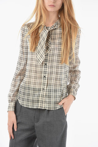 Camicia Tie Neck in Seta e Lurex con Motivo Tartan
