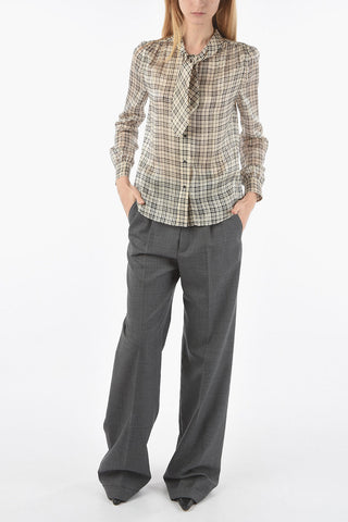 Camicia Tie Neck in Seta e Lurex con Motivo Tartan