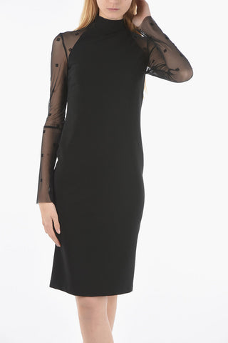 Bodycon Midi Dress with Mongram Meshed-Sleeves