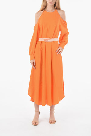 Maxi Cold-Shoulder Dress with Elastic Belt