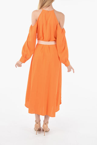 Maxi Cold-Shoulder Dress with Elastic Belt