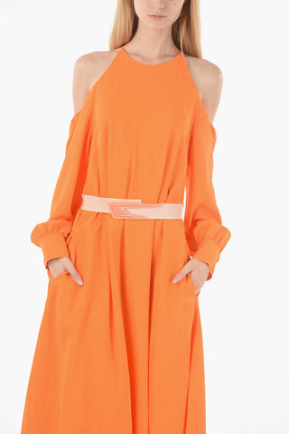 Maxi Cold-Shoulder Dress with Elastic Belt