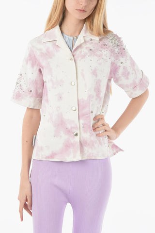 Denim Tie dye Effect Overshirt with Crystals