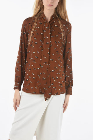 Horses Printed Satin BIANCA Shirt with Tie Neck