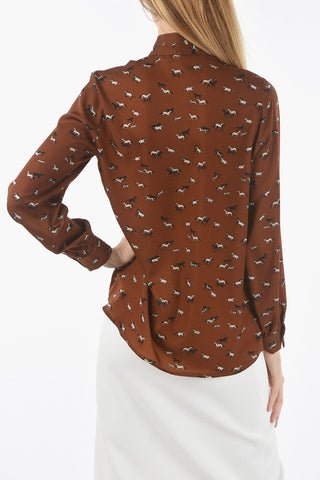 Horses Printed Satin BIANCA Shirt with Tie Neck