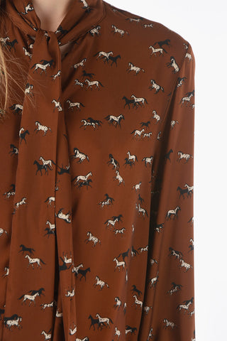 Horses Printed Satin BIANCA Shirt with Tie Neck