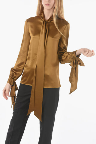 Hidden Buttoning Silk Satin Tie Neck Shirt