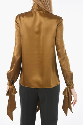 Hidden Buttoning Silk Satin Tie Neck Shirt