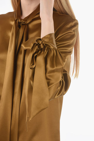 Hidden Buttoning Silk Satin Tie Neck Shirt