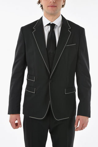 Stretchy-virgin-wool One-button Blazer with Contrasting Trimmings