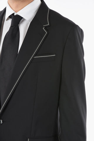 Stretchy-virgin-wool One-button Blazer with Contrasting Trimmings