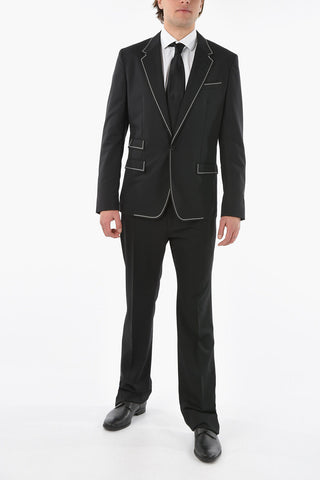 Stretchy-virgin-wool One-button Blazer with Contrasting Trimmings