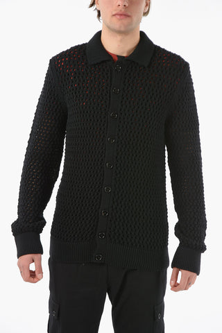 Meshed Virgin-wool Cardigan with Polo Neck
