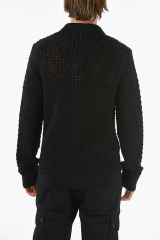Meshed Virgin-wool Cardigan with Polo Neck