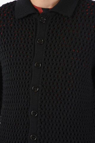 Meshed Virgin-wool Cardigan with Polo Neck