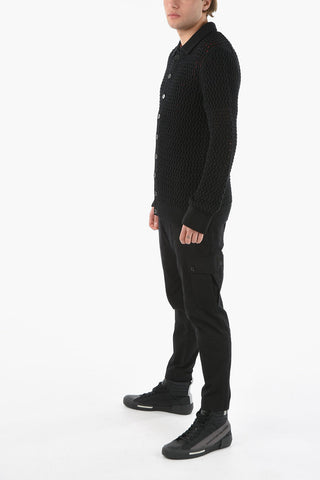 Meshed Virgin-wool Cardigan with Polo Neck
