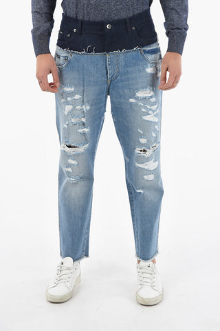 DENIM Distressed Cropped Jeans with Double Denim Detailing