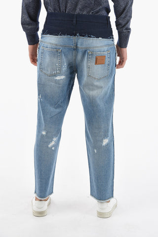 DENIM Distressed Cropped Jeans with Double Denim Detailing
